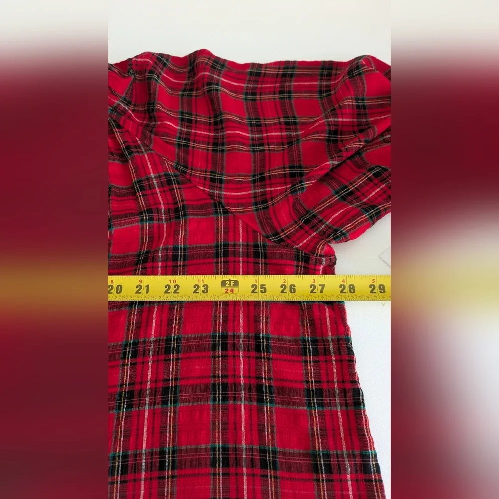 OLD NAVY Pullover Peasant Top Women 2X Red Buffalo Plaid Puff Sleeves V-neck New